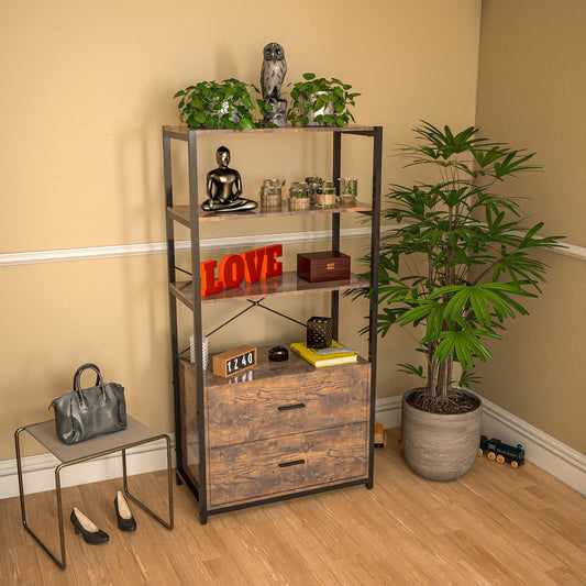 Industrial 4-Tier Bookshelf with Cabinet